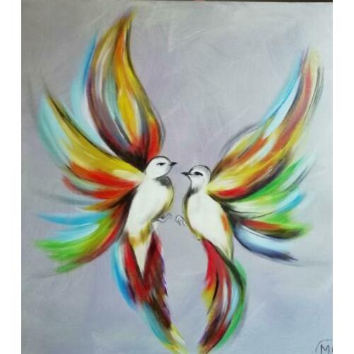 Geschilderd met acrylverf.. Twee moderne duifjes