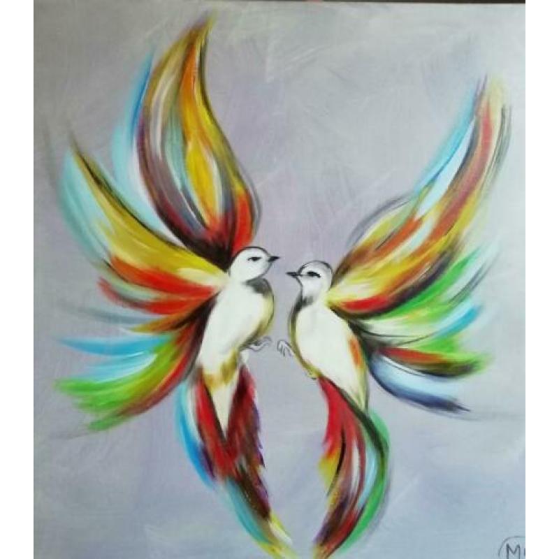 Geschilderd met acrylverf.. Twee moderne duifjes