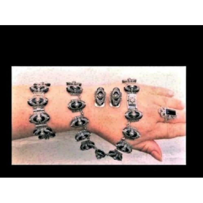 Bijzonder Zilveren Art-Deko 4 Stuks Set Onyx en Marcasiet!