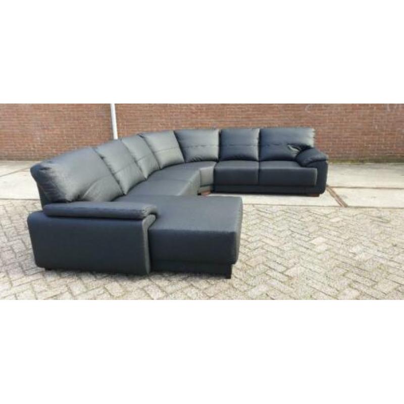 n537 zwart leder u hoekbank met longchair