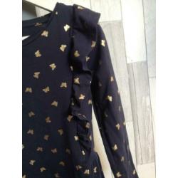 jurkje blauw+goudkleur vlinder print +rouge lange mouw 116
