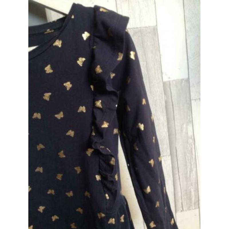 jurkje blauw+goudkleur vlinder print +rouge lange mouw 116