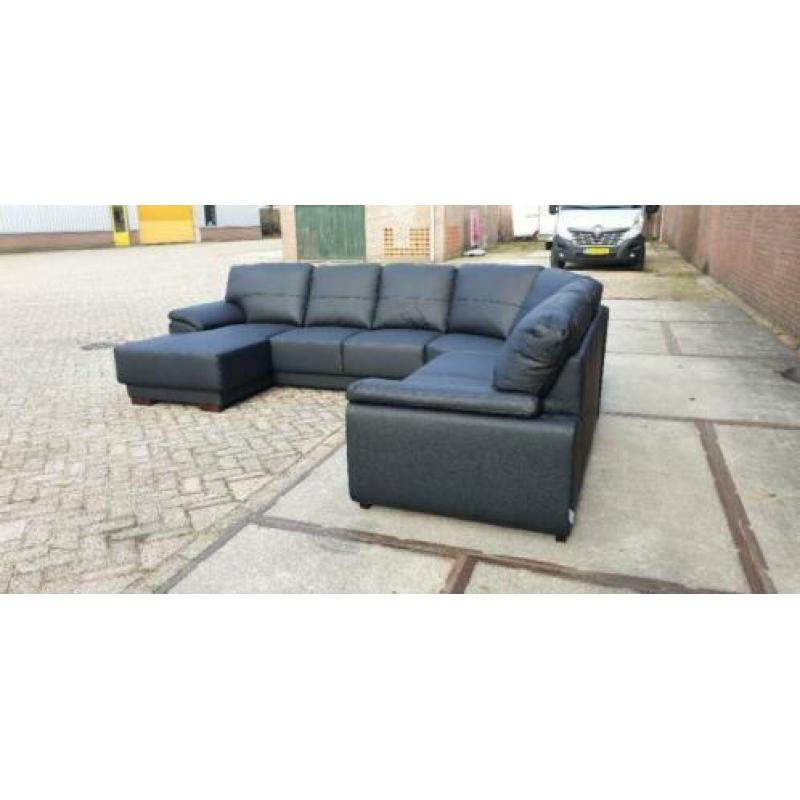 n537 zwart leder u hoekbank met longchair