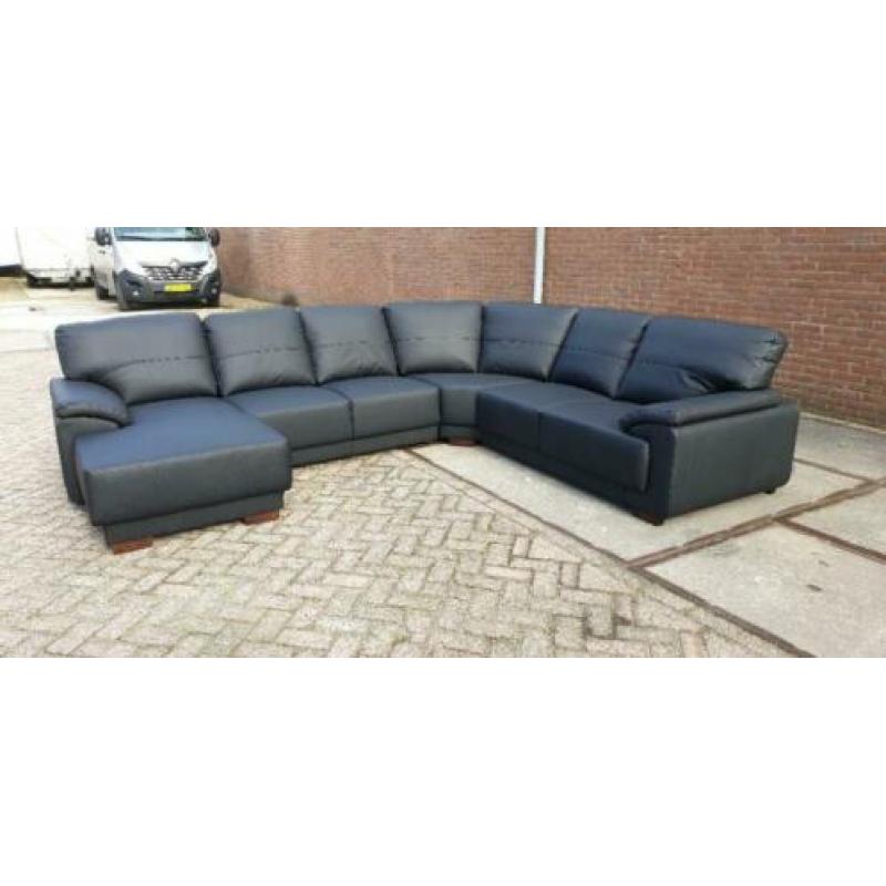 n537 zwart leder u hoekbank met longchair