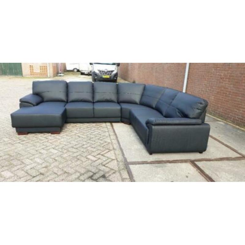n537 zwart leder u hoekbank met longchair