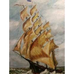 Schilderij Olieverf op doek zeilend schip op zee Teenstra