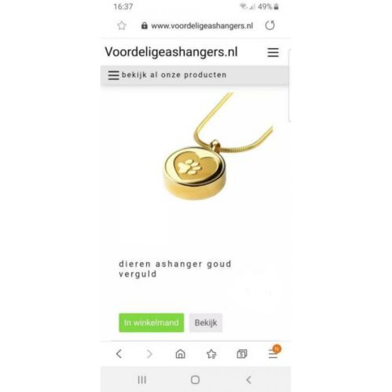 Ashanger voor aandenken dier urn as hanger crematie