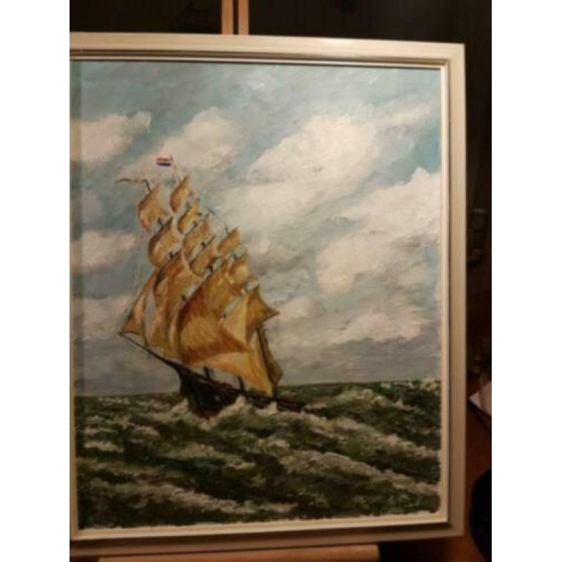 Schilderij Olieverf op doek zeilend schip op zee Teenstra