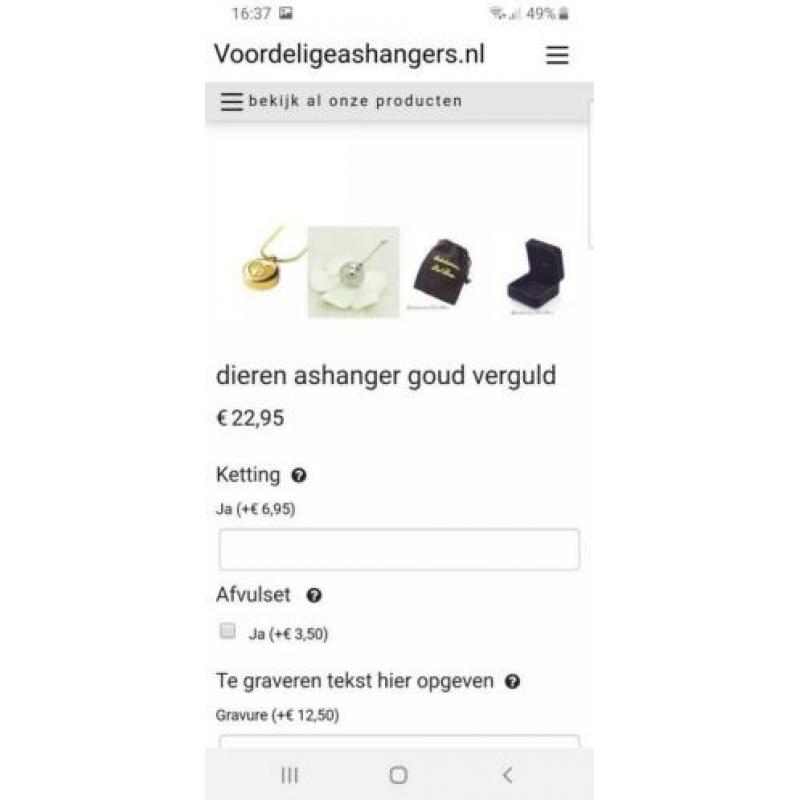 Ashanger voor aandenken dier urn as hanger crematie