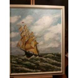 Schilderij Olieverf op doek zeilend schip op zee Teenstra