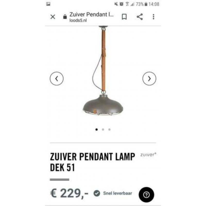 Stoere hang lamp Zuiver dek 51 grijs staal leer hanglamp