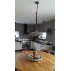 Stoere hang lamp Zuiver dek 51 grijs staal leer hanglamp