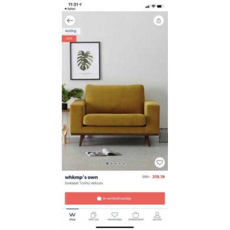 Fauteuil / loveseat velvet geel (Wehkamp Torino)
