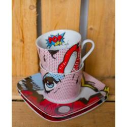 2x Pop Art Cafe kop en schotel (porselein)