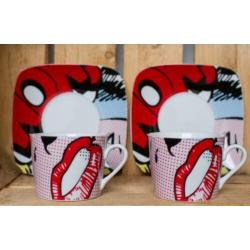 2x Pop Art Cafe kop en schotel (porselein)