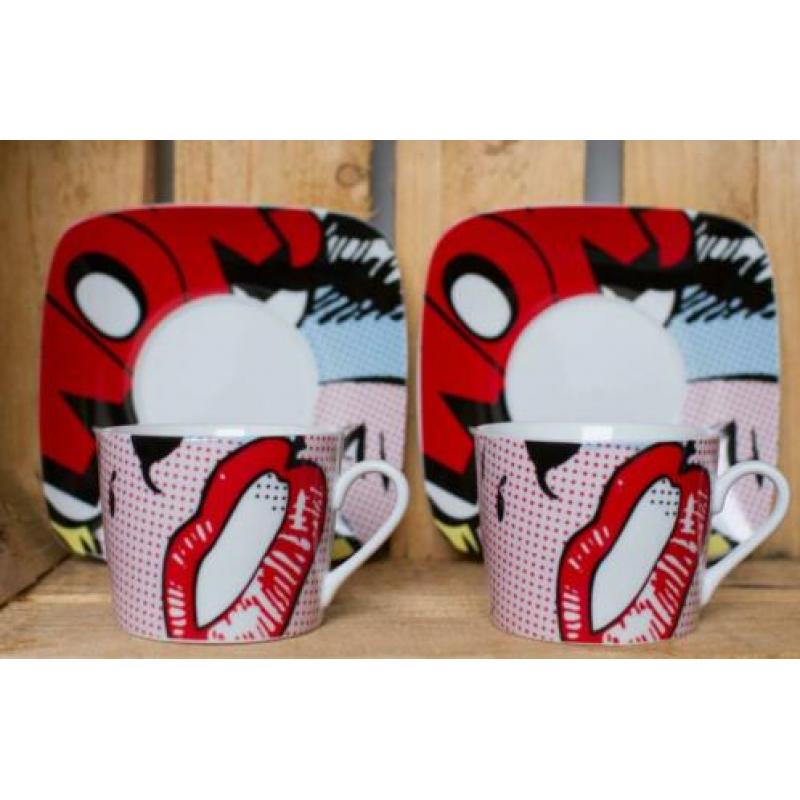 2x Pop Art Cafe kop en schotel (porselein)