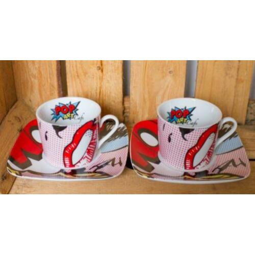2x Pop Art Cafe kop en schotel (porselein)