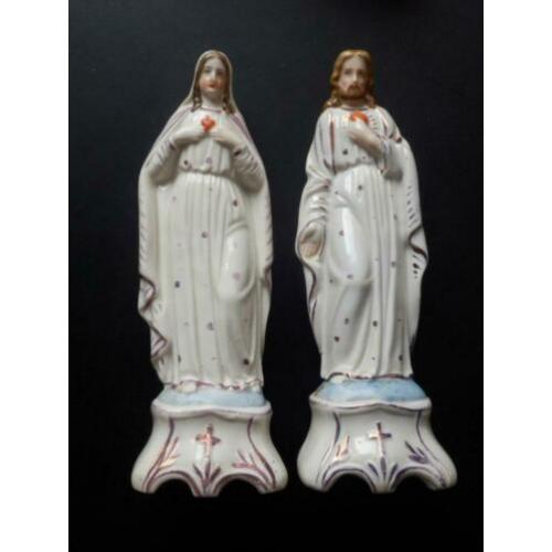 2 beeldjes Maria + Christus Heilig Hart porselein / 18.5 cm.