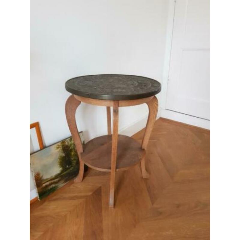 Retro vintage unieke ! Bijzettafel eiken met koperen blad