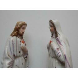 2 beeldjes Maria + Christus Heilig Hart porselein / 18.5 cm.