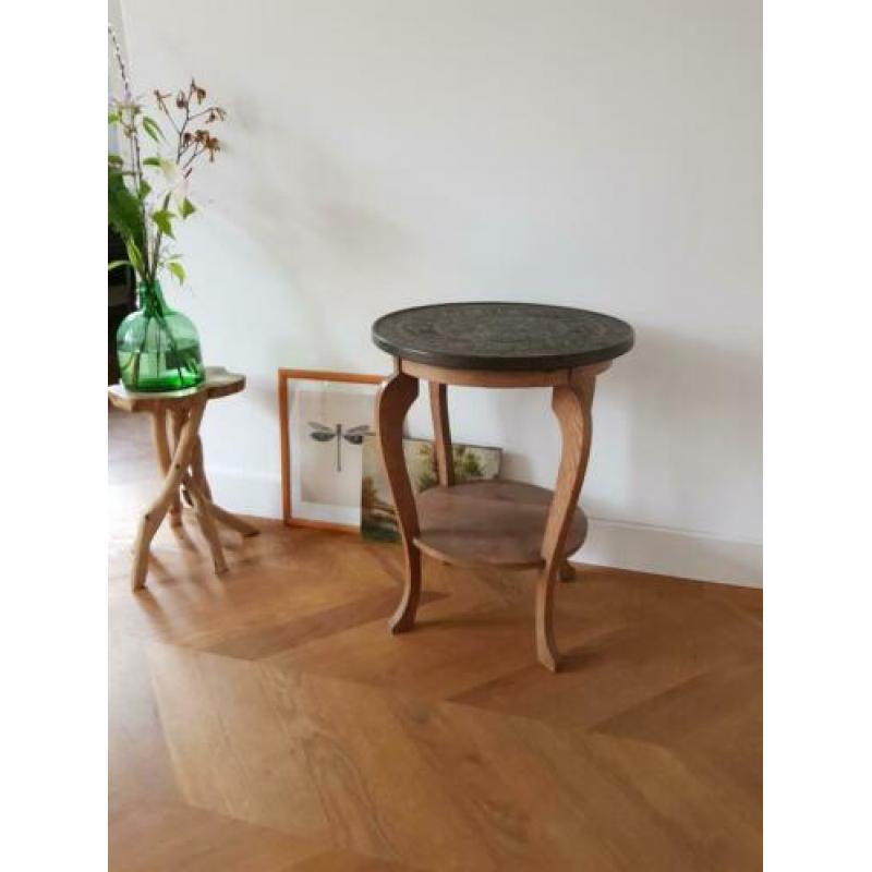Retro vintage unieke ! Bijzettafel eiken met koperen blad