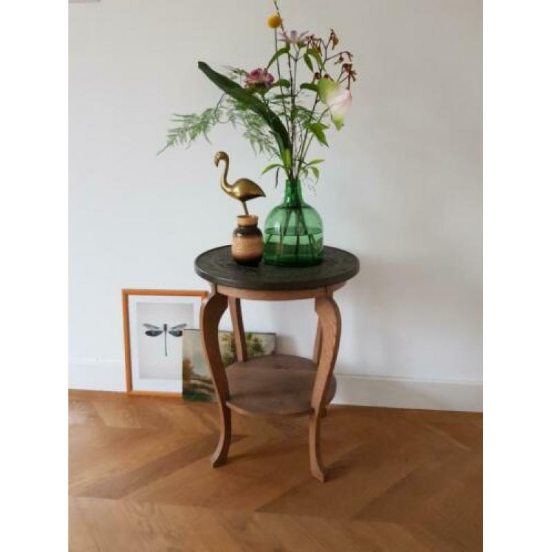 Retro vintage unieke ! Bijzettafel eiken met koperen blad