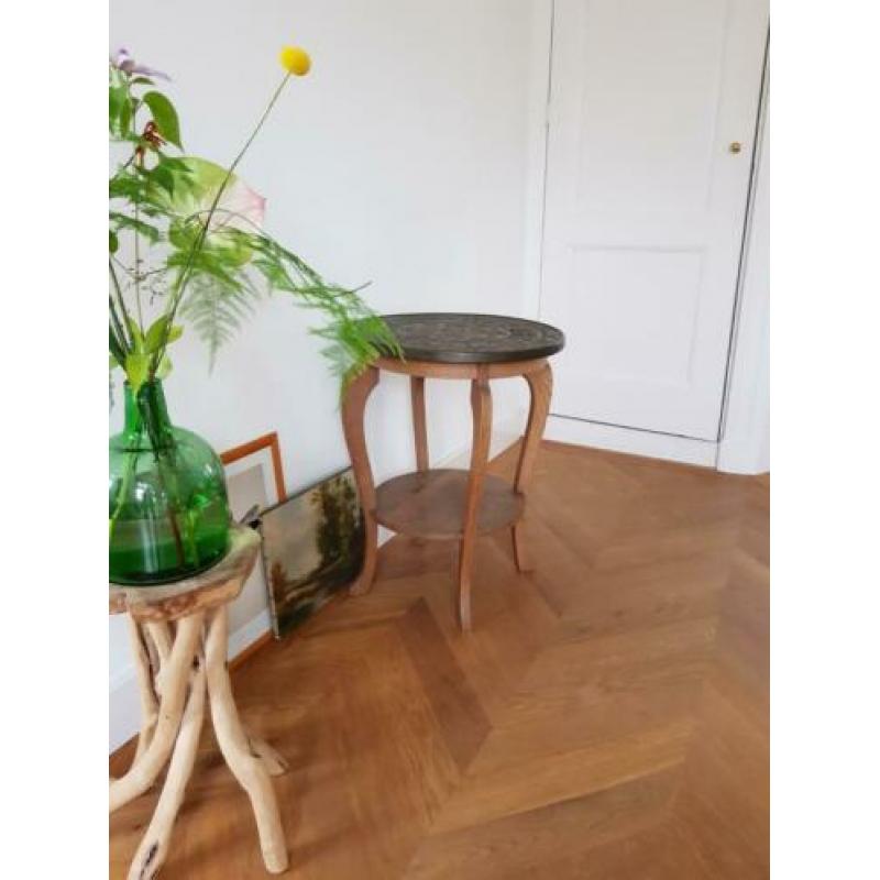 Retro vintage unieke ! Bijzettafel eiken met koperen blad