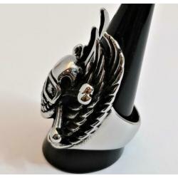 Stalen Schedel Ring met Knekels en Vleugels. Nr. 1801051