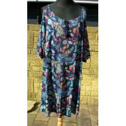 Donkerblauw paisley blaadjes A-lijn cold shoulder jurk mt 48