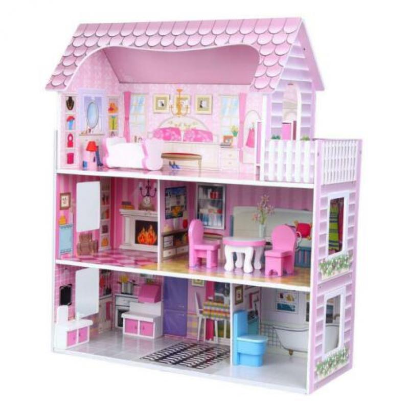 Houten Poppenhuis Kleine Roze Villa 5 Kamers Nieuw