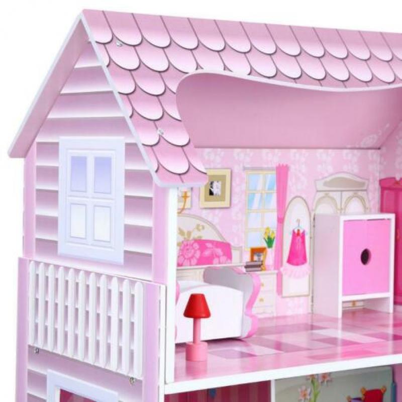 Houten Poppenhuis Kleine Roze Villa 5 Kamers Nieuw