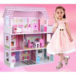 Houten Poppenhuis Kleine Roze Villa 5 Kamers Nieuw