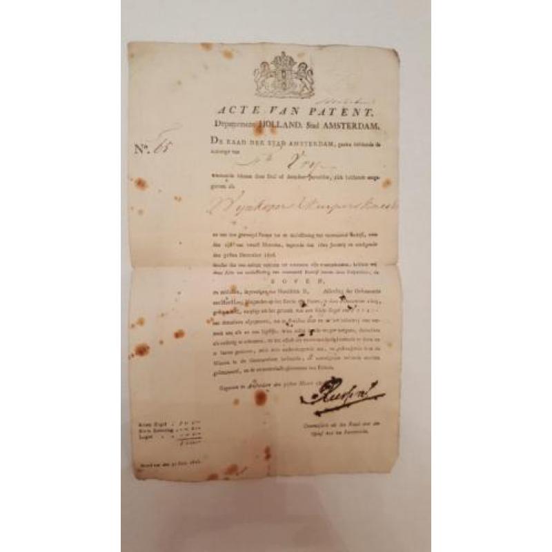 Acte van patent stad Amsterdam nr 65, 1806.Uniek antiek docu