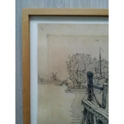 Co Breman. Pentekening. Rivier. Plasgezicht. Gesigneerd.