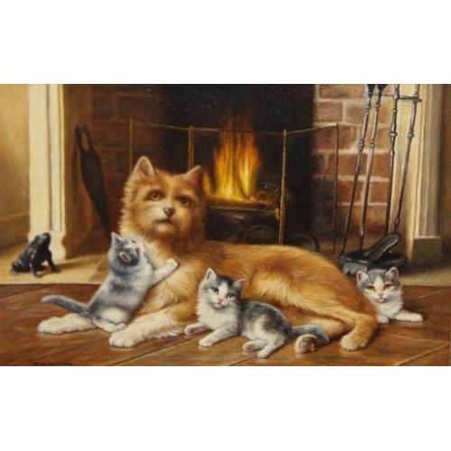 Bert Notenboom 1942-201 Haardvuur/Hond/3 Kittens/Int.