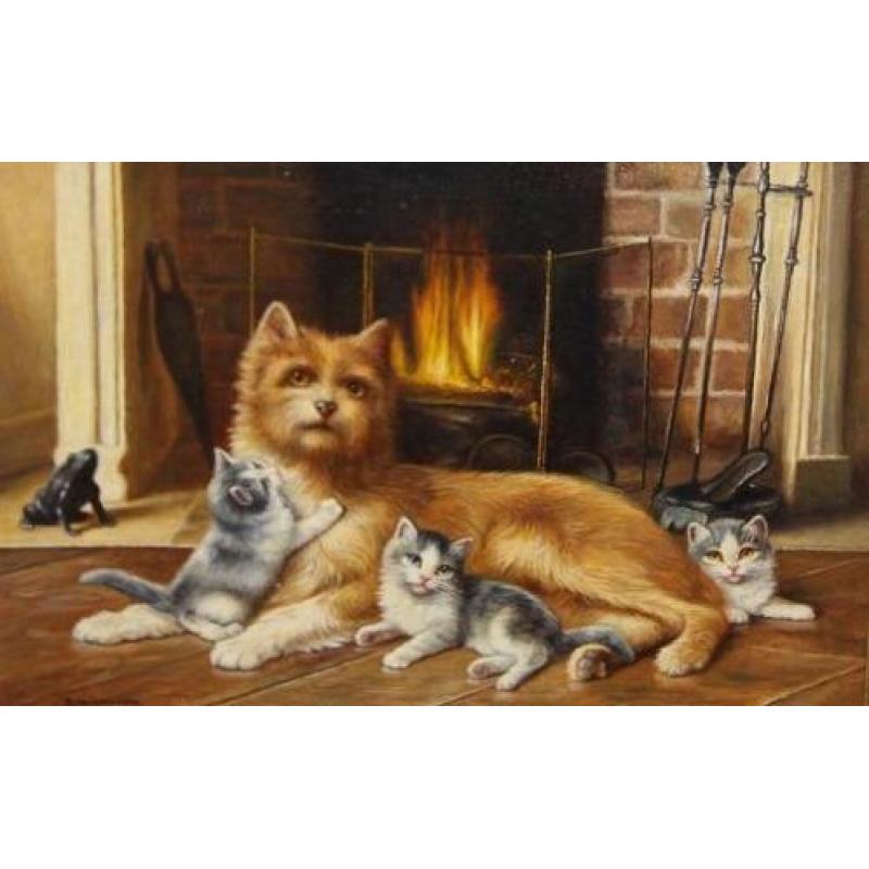 Bert Notenboom 1942-201 Haardvuur/Hond/3 Kittens/Int.