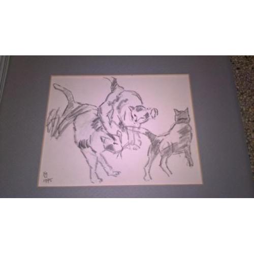 Tekening gesigneerd ML 1995 3 spelende katten/poezen lijst