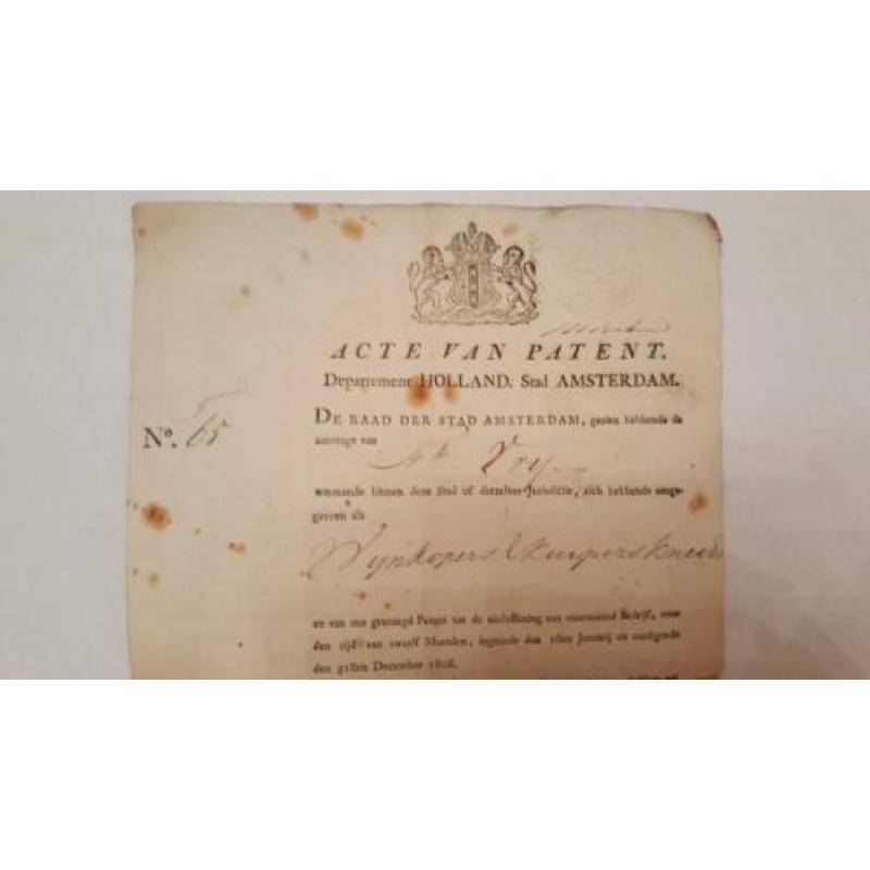 Acte van patent stad Amsterdam nr 65, 1806.Uniek antiek docu