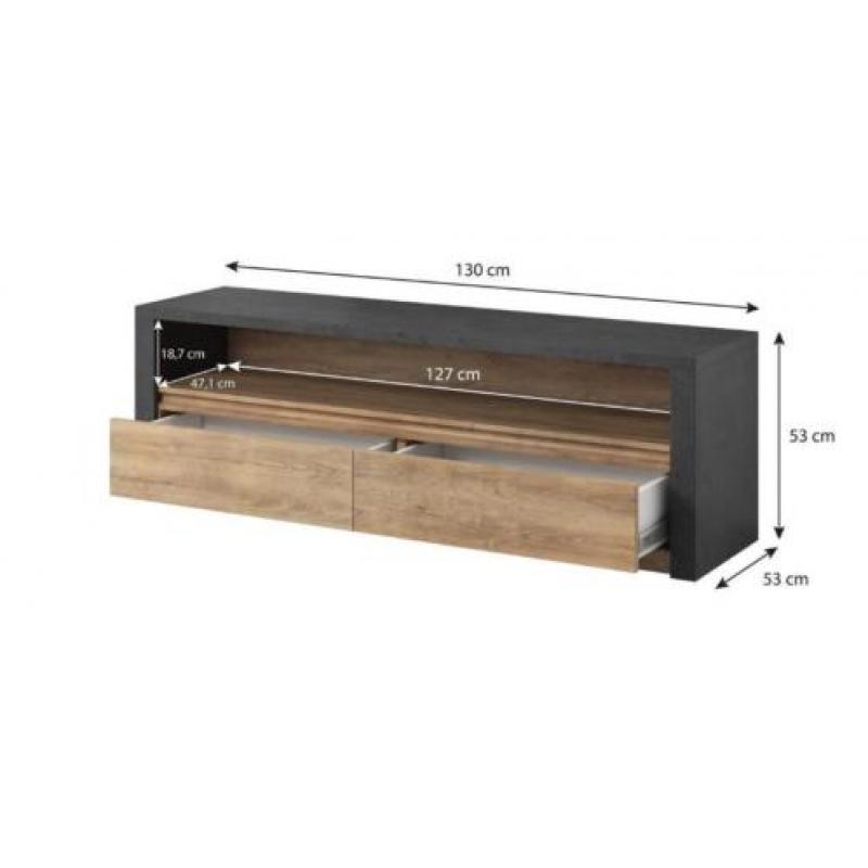TV-Meubel Monaco 130 cm - Eiken - Grijs - 2 Lades - TV kast